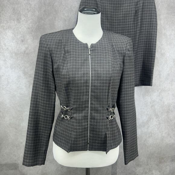 VTG Scarlett Skirt Suit Set Womens 4 Charcoal Windowpane Zip Jacket Hardware 90s - Picture 2 of 10